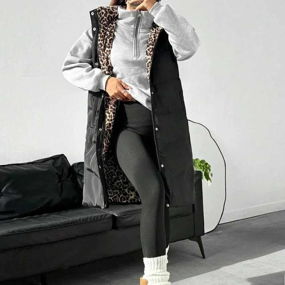 Black Casual Women's Front Button Sleeveless Hooded Padded Coat